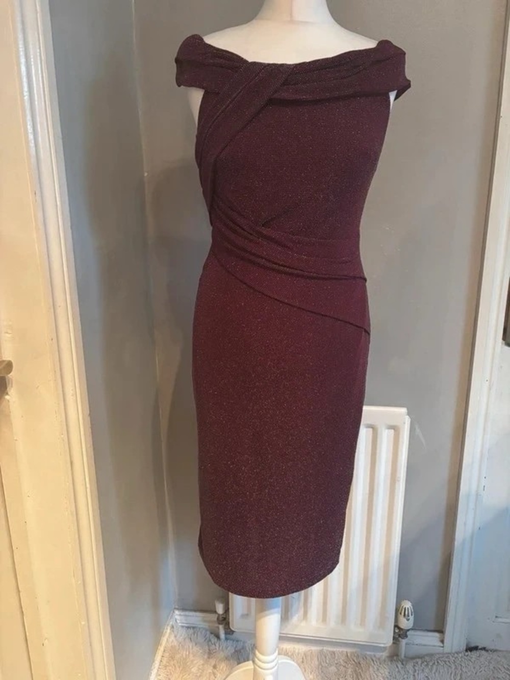 Elegant Off-Shoulder Sparkle Wine Maxi Dress